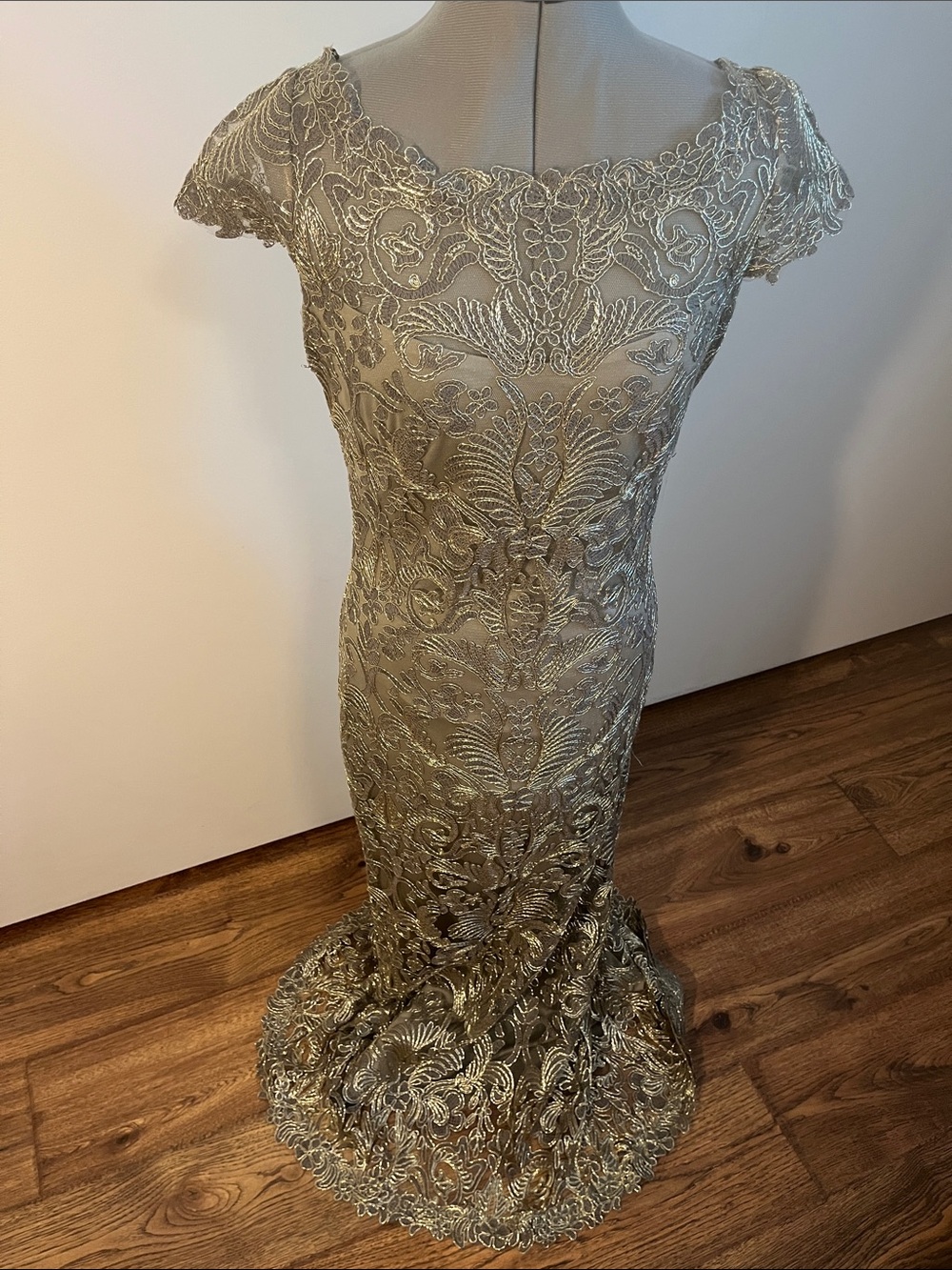 Tadashi Shoji Gold Lace Embroidered Maxi Gown